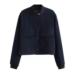 Spring and Autumn New European and American Stand-up Collar Large Pocket Women's Jacket