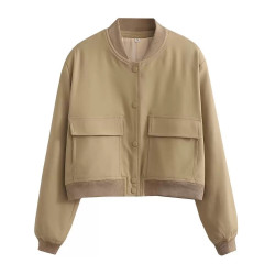 Spring and Autumn New European and American Stand-up Collar Large Pocket Women's Jacket