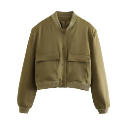 Spring and Autumn New European and American Stand-up Collar Large Pocket Women's Jacket