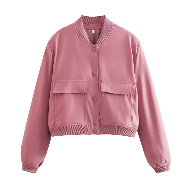 Spring and Autumn New European and American Stand-up Collar Large Pocket Women's Jacket