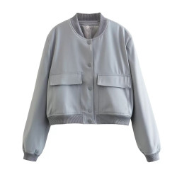 Spring and Autumn New European and American Stand-up Collar Large Pocket Women's Jacket