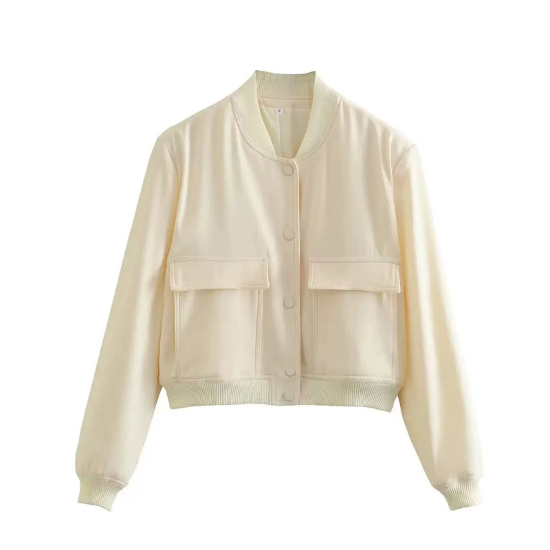 Spring and Autumn New European and American Stand-up Collar Large Pocket Women's Jacket