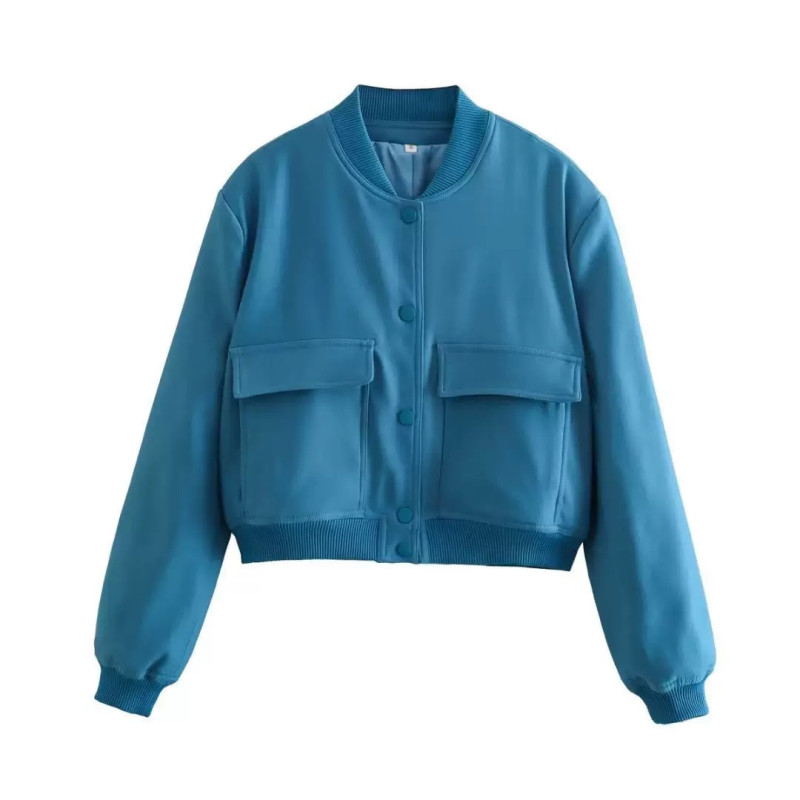 Spring and Autumn New European and American Stand-up Collar Large Pocket Women's Jacket