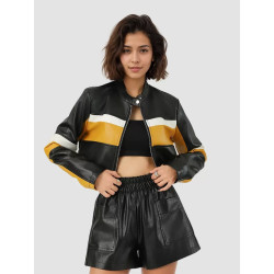 PU leather contrast colour stitching sexy leather jacket stand-up collar slim short trend motorcycle leather jacket women