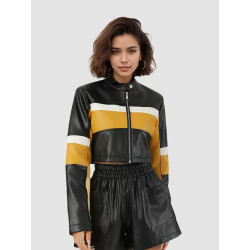 PU leather contrast colour stitching sexy leather jacket stand-up collar slim short trend motorcycle leather jacket women
