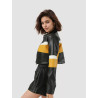 PU leather contrast colour stitching sexy leather jacket stand-up collar slim short trend motorcycle leather jacket women