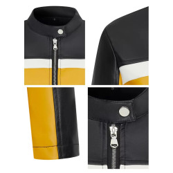 PU leather contrast colour stitching sexy leather jacket stand-up collar slim short trend motorcycle leather jacket women
