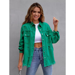 Denim jacket women's solid colour loose jacket hole long-sleeved women's denim shirt