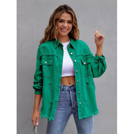 Denim jacket women's solid colour loose jacket hole long-sleeved women's denim shirt