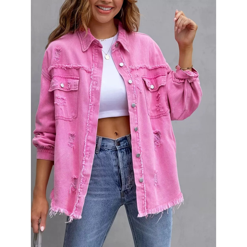 Denim jacket women's solid colour loose jacket hole long-sleeved women's denim shirt