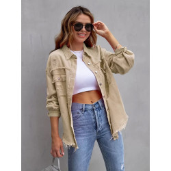 Denim jacket women's solid colour loose jacket hole long-sleeved women's denim shirt