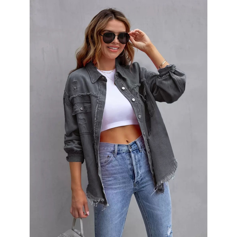 Denim jacket women's solid colour loose jacket hole long-sleeved women's denim shirt
