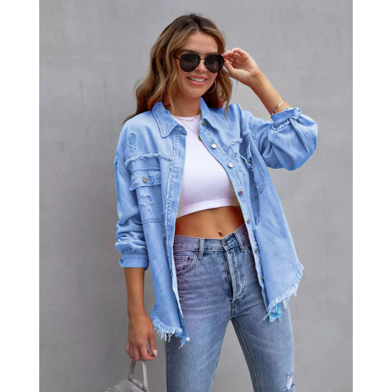 Denim jacket women's solid colour loose jacket hole long-sleeved women's denim shirt