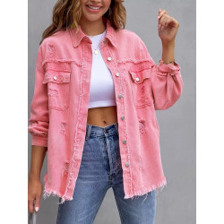 Denim jacket women's solid colour loose jacket hole long-sleeved women's denim shirt