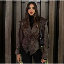 Women's jacket temperament elegant V-neck slim stitching solid colour imitation leather jacket coat