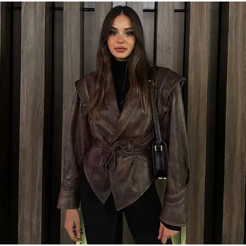 Women's jacket temperament elegant V-neck slim stitching solid colour imitation leather jacket coat
