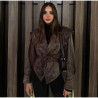 Women's jacket temperament elegant V-neck slim stitching solid colour imitation leather jacket coat