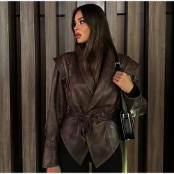 Women's jacket temperament elegant V-neck slim stitching solid colour imitation leather jacket coat