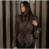 Women's jacket temperament elegant V-neck slim stitching solid colour imitation leather jacket coat