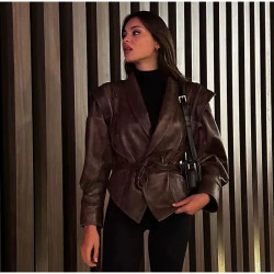Women's jacket temperament elegant V-neck slim stitching solid colour imitation leather jacket coat