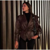 Women's jacket temperament elegant V-neck slim stitching solid colour imitation leather jacket coat