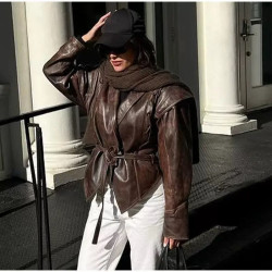 Women's jacket temperament elegant V-neck slim stitching solid colour imitation leather jacket coat