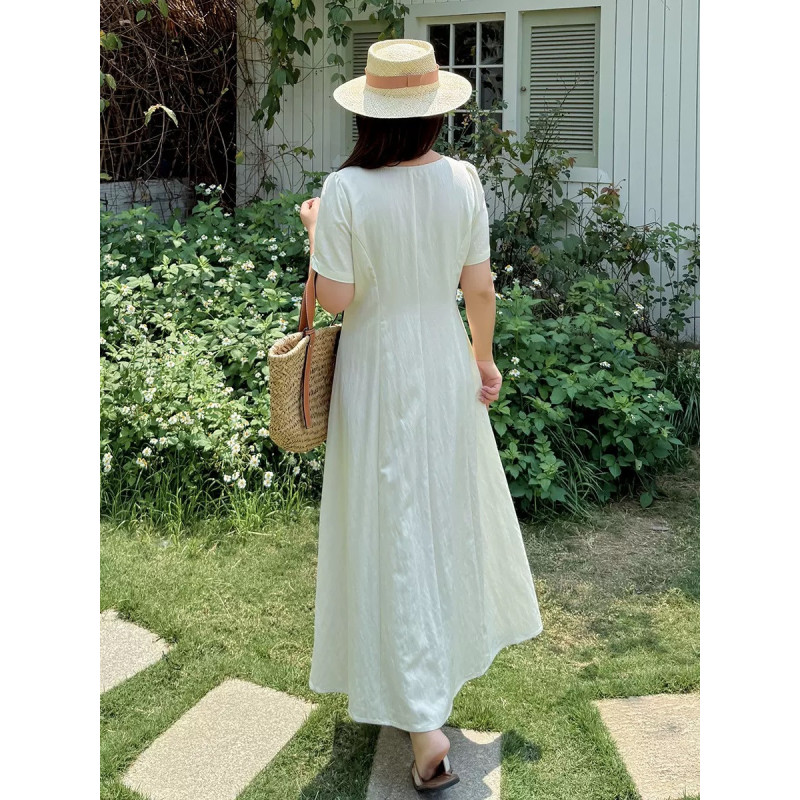 Temperament French shell U-neck dress plus size women's waist a-shaped medium-length skirt