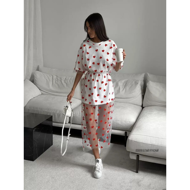 Sexy women's long love mesh stitching loose short-sleeved T-shirt dress