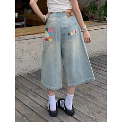 Colourful letter print design three-piece pants summer new straight casual loose denim shorts trend