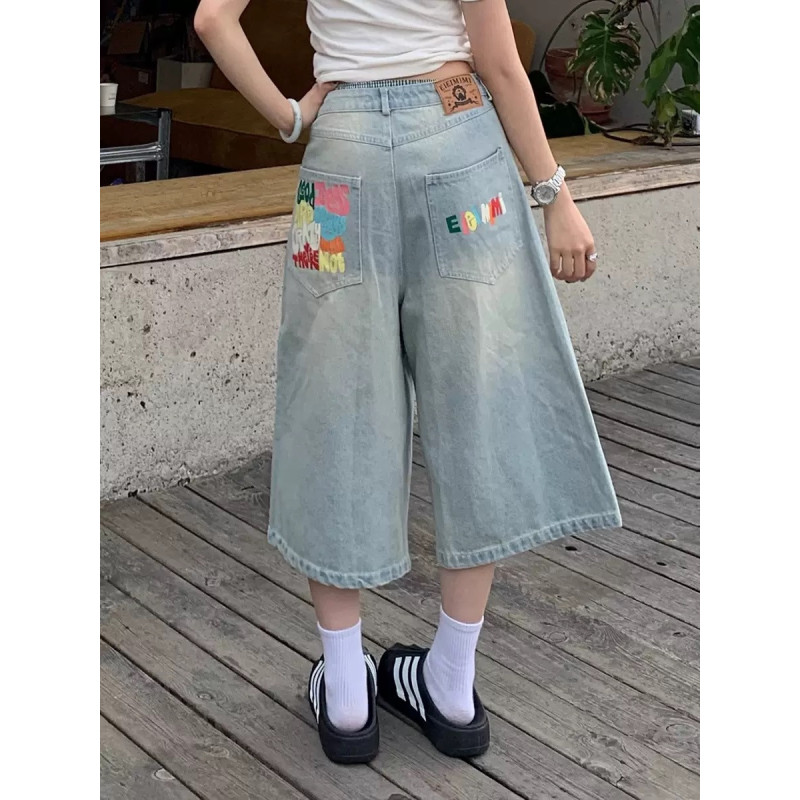 Colourful letter print design three-piece pants summer new straight casual loose denim shorts trend