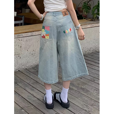 Colourful letter print design three-piece pants summer new straight casual loose denim shorts trend