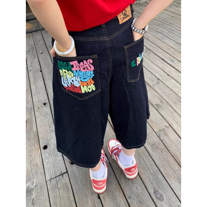 Colourful letter print design three-piece pants summer new straight casual loose denim shorts trend