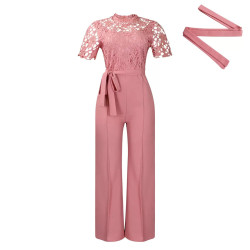 Sexy lace hollowed-out short-sleeved strap high-waisted wide-leg foreign trade jumpsuit