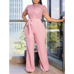 Sexy lace hollowed-out short-sleeved strap high-waisted wide-leg foreign trade jumpsuit