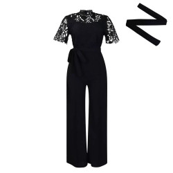 Sexy lace hollowed-out short-sleeved strap high-waisted wide-leg foreign trade jumpsuit