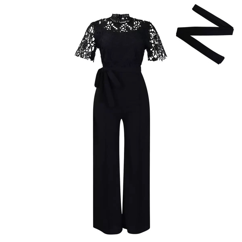 Sexy lace hollowed-out short-sleeved strap high-waisted wide-leg foreign trade jumpsuit