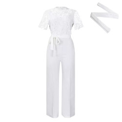 Sexy lace hollowed-out short-sleeved strap high-waisted wide-leg foreign trade jumpsuit