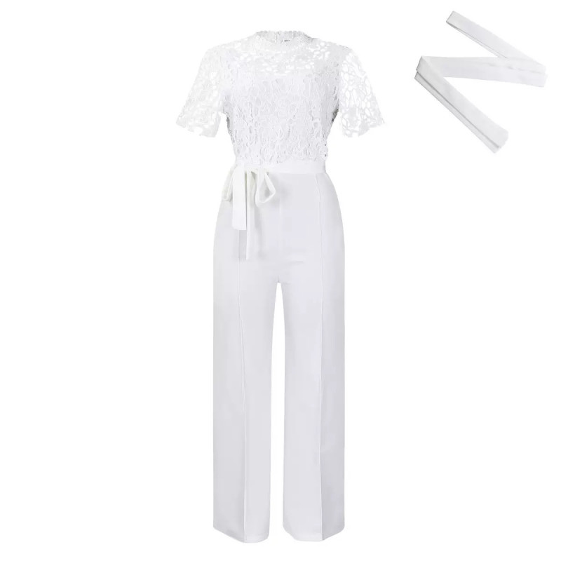 Sexy lace hollowed-out short-sleeved strap high-waisted wide-leg foreign trade jumpsuit
