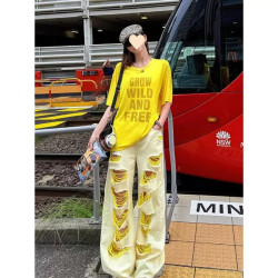 Large-area broken jeans women's summer new fashion cool high street loose straight wide-leg trousers washed old