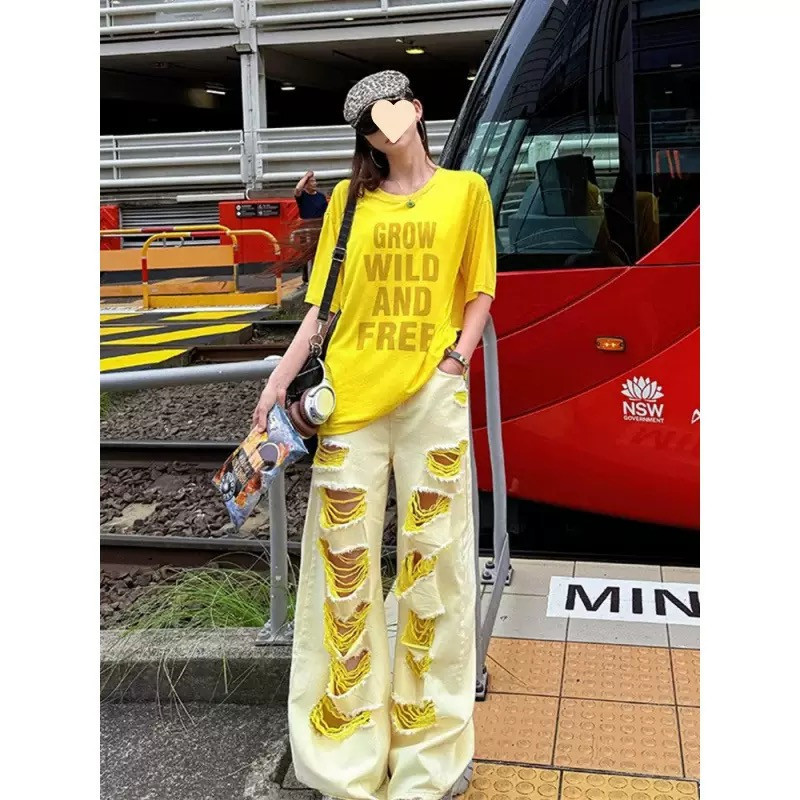 Large-area broken jeans women's summer new fashion cool high street loose straight wide-leg trousers washed old