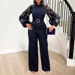 Free belt stand-up collar mesh lantern sleeve slim plus size women's African wide-leg jumpsuit