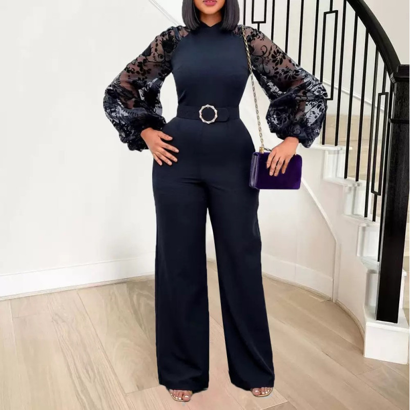 Free belt stand-up collar mesh lantern sleeve slim plus size women's African wide-leg jumpsuit