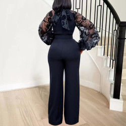 Free belt stand-up collar mesh lantern sleeve slim plus size women's African wide-leg jumpsuit