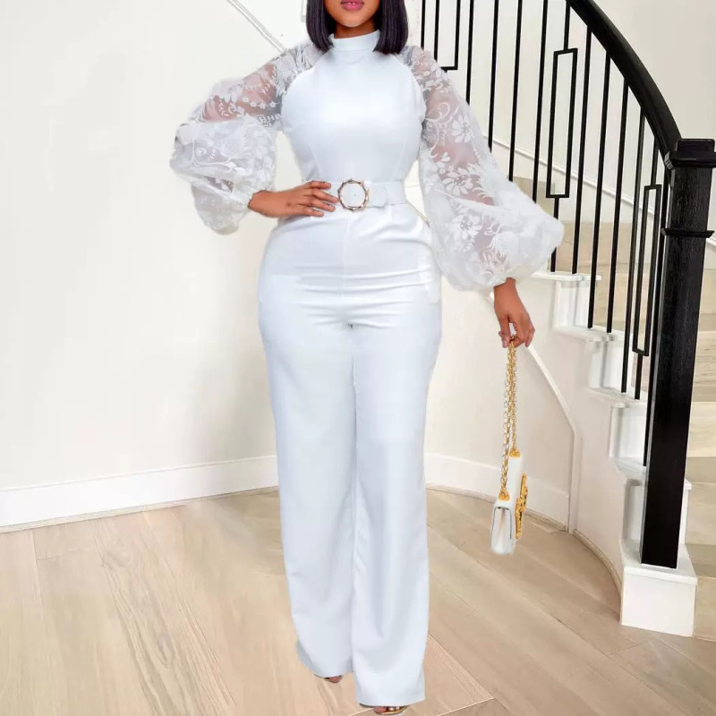 Free belt stand-up collar mesh lantern sleeve slim plus size women's African wide-leg jumpsuit