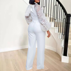 Free belt stand-up collar mesh lantern sleeve slim plus size women's African wide-leg jumpsuit