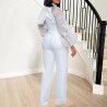 Free belt stand-up collar mesh lantern sleeve slim plus size women's African wide-leg jumpsuit