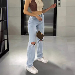 Women's high-waisted comfortable loose wide-leg jeans women's slim perforated casual trousers