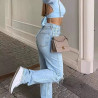 Women's high-waisted comfortable loose wide-leg jeans women's slim perforated casual trousers