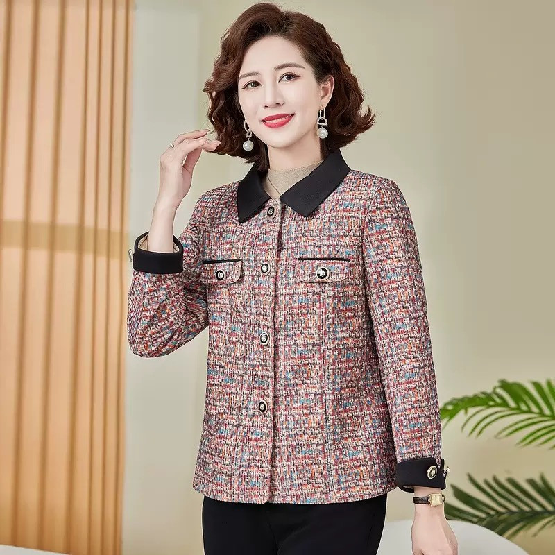 Mom's contrast colour lapel small fragrant style short coat foreign style middle-aged and elderly women's top