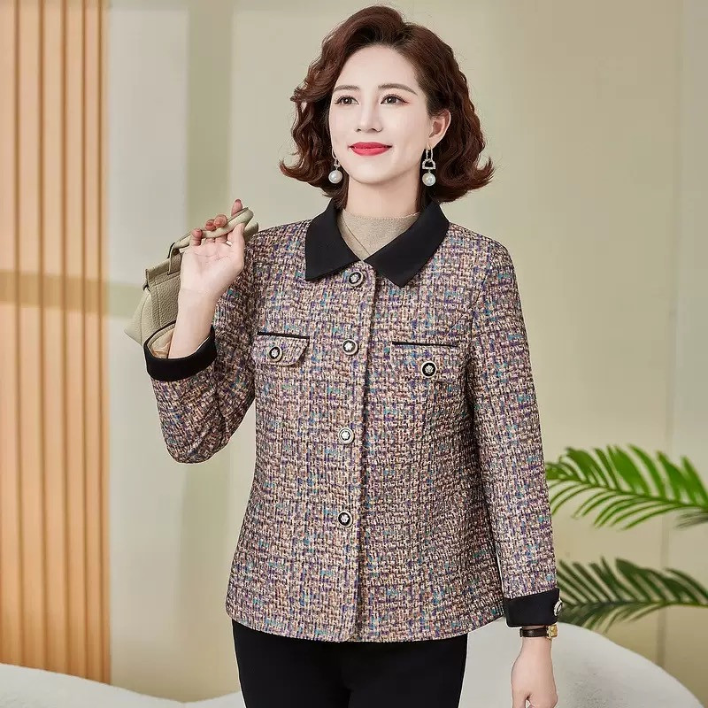 Mom's contrast colour lapel small fragrant style short coat foreign style middle-aged and elderly women's top